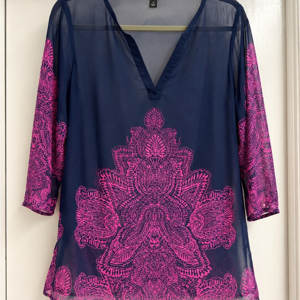Ann Taylor Navy & Pink Sheer V-Neck Tunic Top